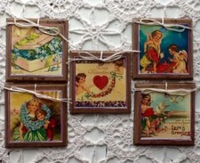 5 WOODEN Valentine Day Gift Tags/ Ornaments HANDCRAFTED Set.1