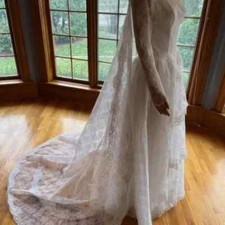 Vtg Ivory Lace Detach Cape Train Long Sleeve Bridal Gown Wedding Dress Size 8