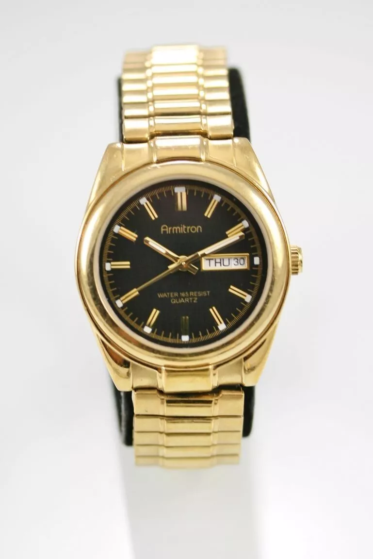 Armitron Watch Men Stretch Gold Stainless Steel 50m Day Date Black Quartz