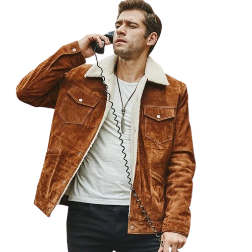 Herren Sherpa gefütterte echte Wildleder Lederjacke braun