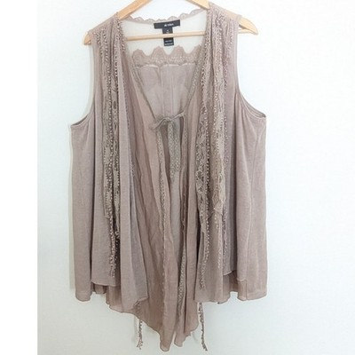 Ali Miles Layered Vest Top Womens 1X Taupe Lace Trim Mesh Yoke Boho Sleeveless