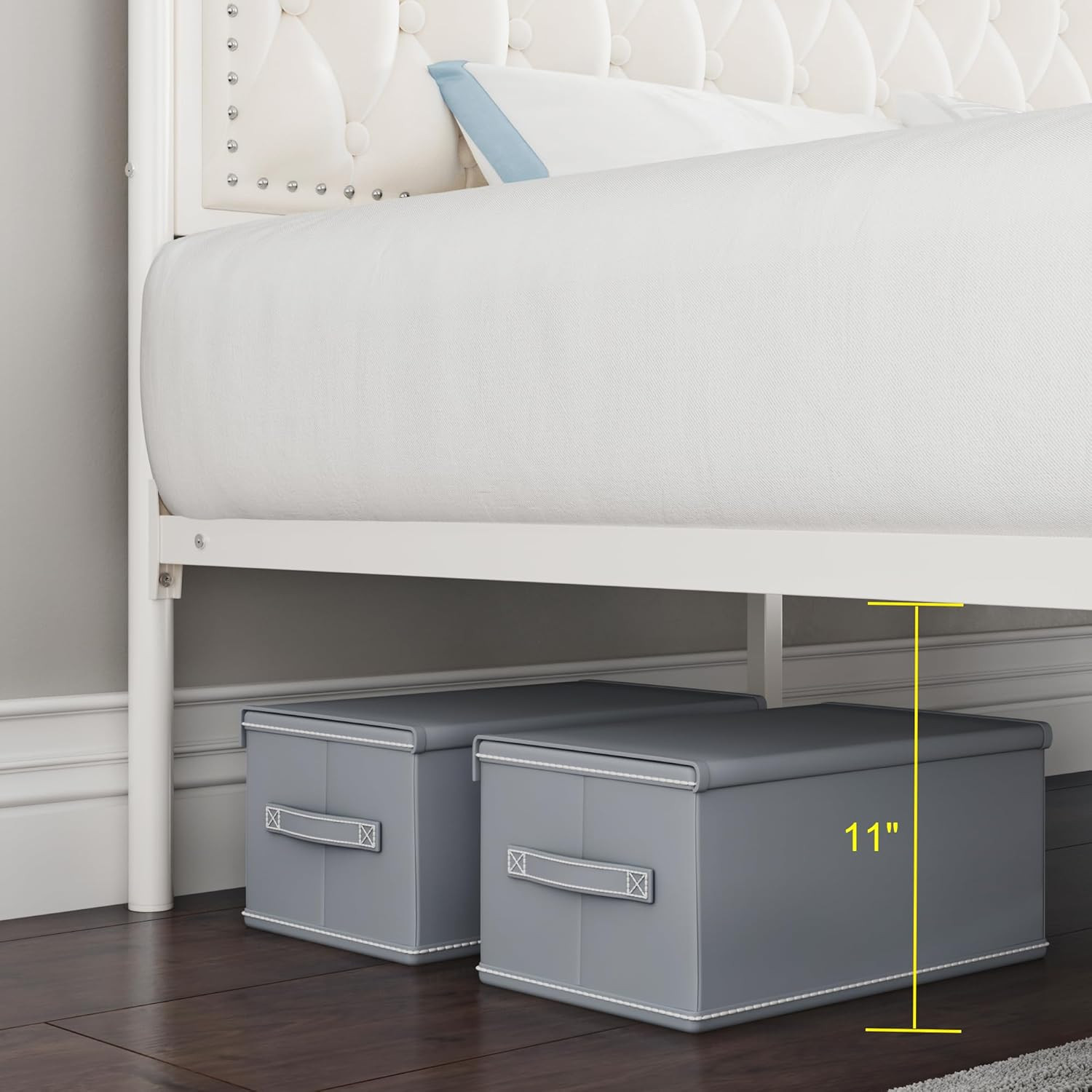 Queen Upholstered Canopy Bed Frame with 2 Drawers, No Box Spring Needed