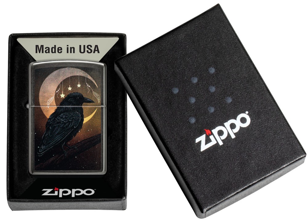Zippo Raven Moon Design Grey Windproof Pocket Lighter, 47135