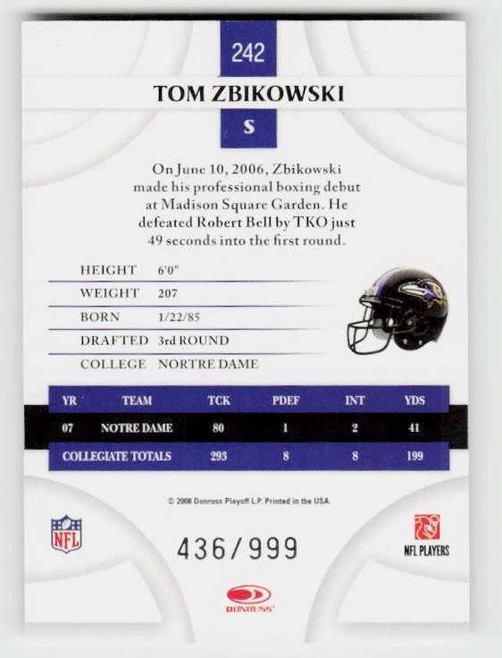 2008 Donruss Threads #242 Tom Zbikowski #/999 - Image 2 of 2
