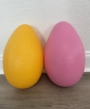 VINTAGE Blow Mold Huge 13” Easter Eggs PastelYellow Pink Set 2 Yard Decor