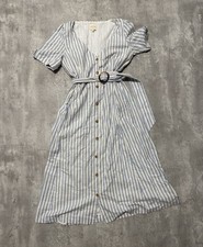 Sezane Striped Belted V-Neck Short Sleeve A-line Mini Dress White Blue Size 38
