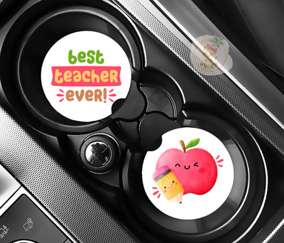Back To School Gift Fabric Front Rubber Back Car Coasters Set (2) Handmade