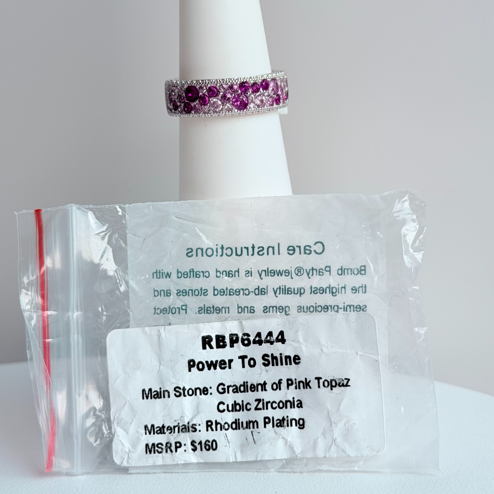 Bomb Party Ring Sz 8 “Power To Shine” Gradient of Pink Topaz on Rhodium