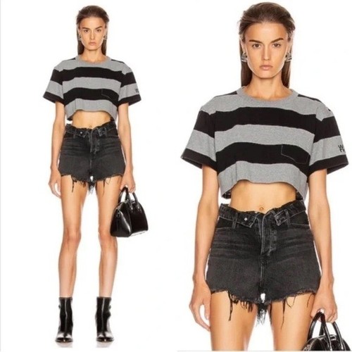 Alexander Wang Bite Foldover Frayed Denim Shorts Faded Black Grey Aged Size 24 - Picture 2 of 14