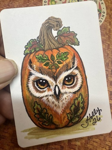 ACEO ORIGINAL Art Card, Owl, Pumpkin , 3.5 X 2.5 In., Mini Painting, Halloween