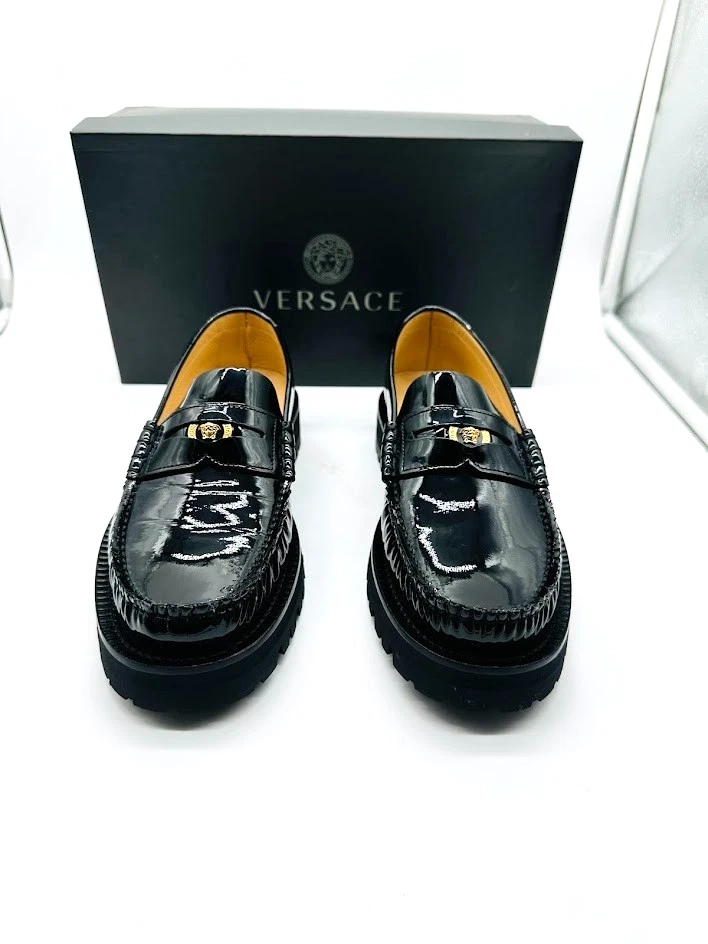 Versace — Versace Medusa Loafers Black Patent Leather Men US 8 EU 39 Luxury Italy