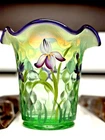 Fenton Glass Vase Green Purple w/Irises Designer Showcase 7.5" x 6.5" - Stunning