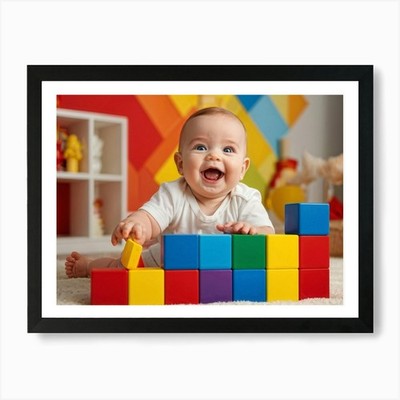 Baby lächelnd engagiert mit lebendig gerahmtem Wandbild Poster Leinwanddruck Bild