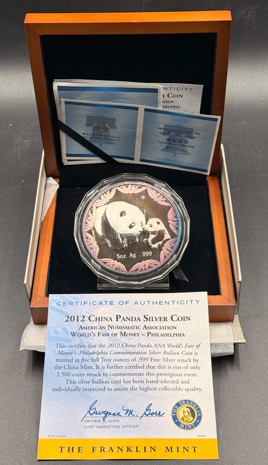 Philadelphia Worlds Fair of Money 2012 .999 5 oz plata panda redondo con caja y certificado de autenticidad Foto 3 de 4