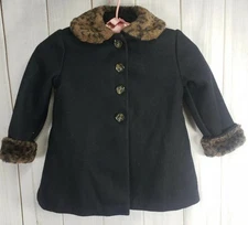 Rothschild Girls 2T Black Leopard Faux Fur Collar Dress Jacket Lined Wool Coat