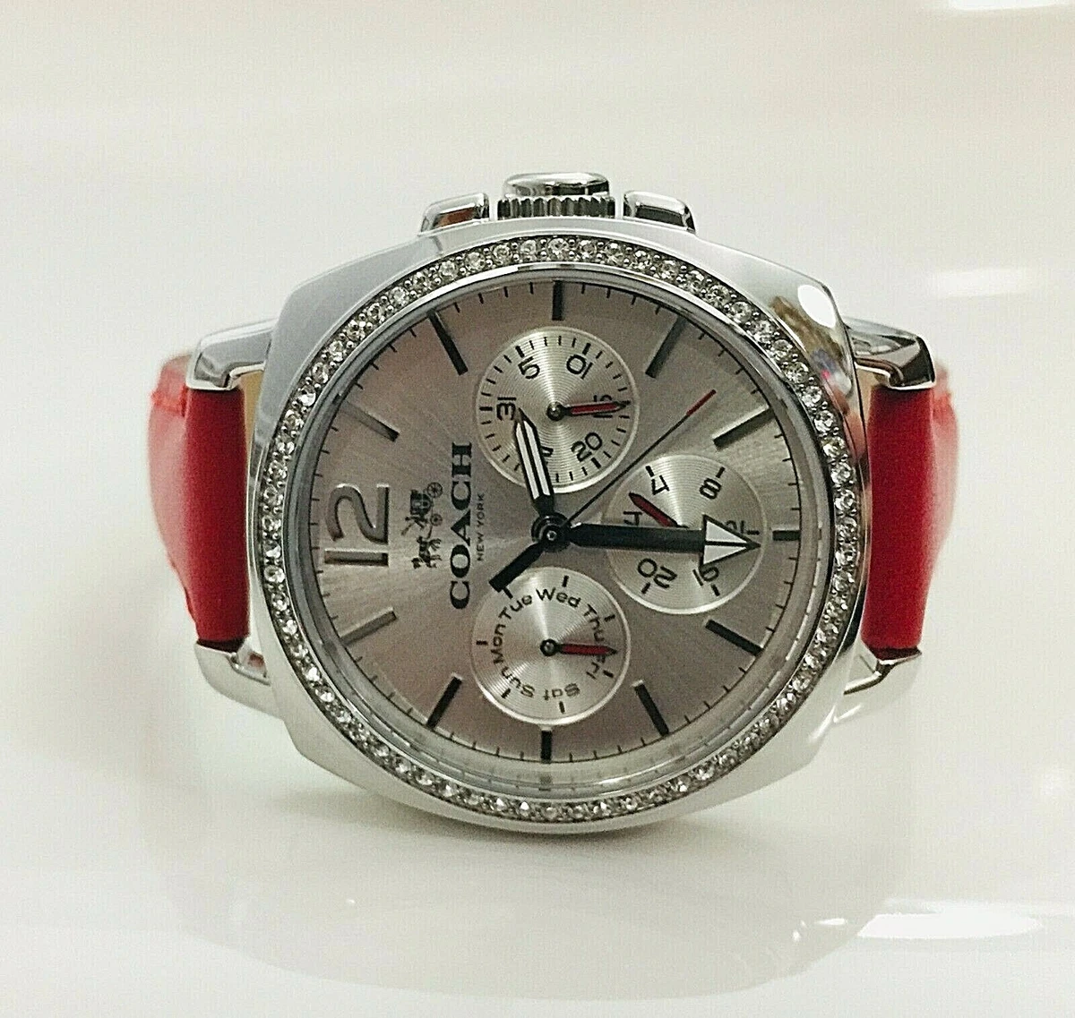 NWT Coach Womens Watch Silver SS Red Leather Glitz BOYFRIEND
