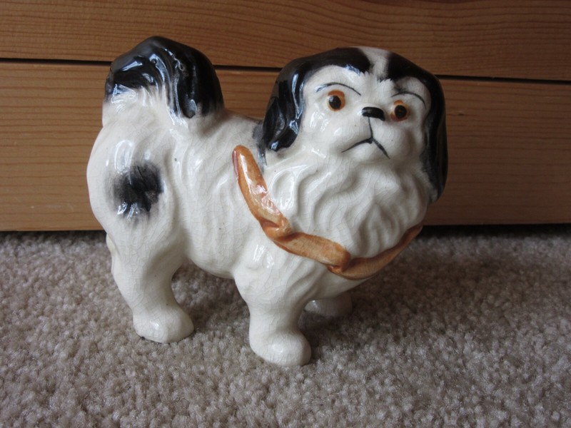 Antique 1930s,Ceramic Pekingese Figurine,Black and White,Gold Collar,Japan