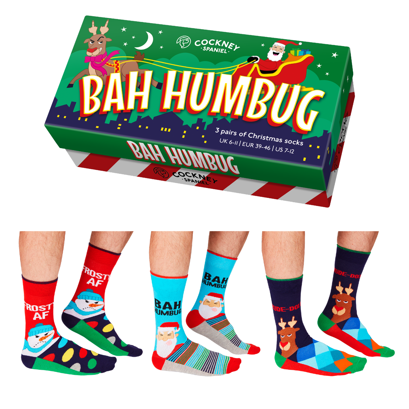 Cockney Spaniel 3 Pairs of Bah Humbug Funny Novelty Men's Christmas Socks Set