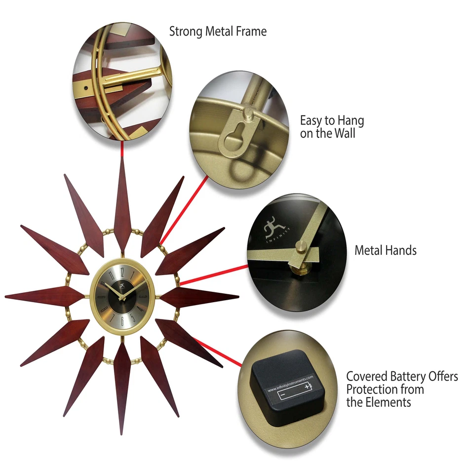 Retro 30 inch Mid-Century Gold Walnut Sunburst Wall Clock Vintage Home Office  - Image 4 of 4