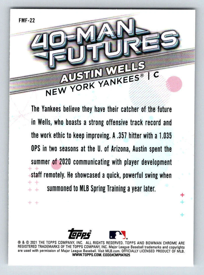 2021 Bowman Chrome 40-Man Futures Refractors #FMF22 Austin Wells (ref 191804) - Image 2 of 2