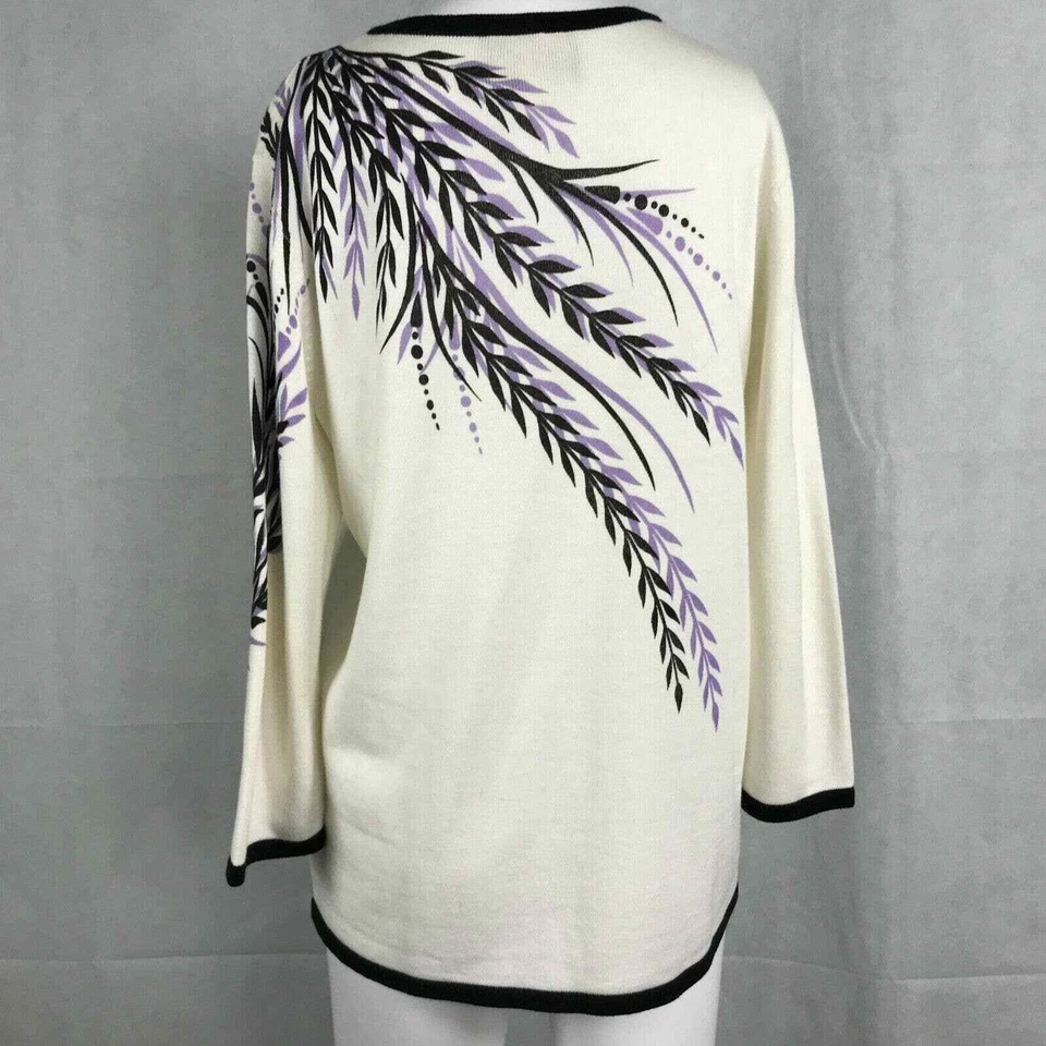 Bob Mackie Cardigan Women Sz S Cotton Blend White Purple Floral Full Zip Sweater - Image 4 of 4