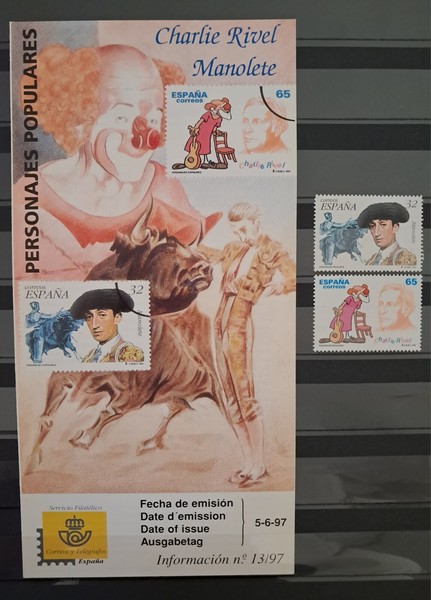 SELLO ESPAÑA STAMPS 1997+FOLLETO INFO PERSONAJES POPULARES MANOLETE 3488-89 MNH