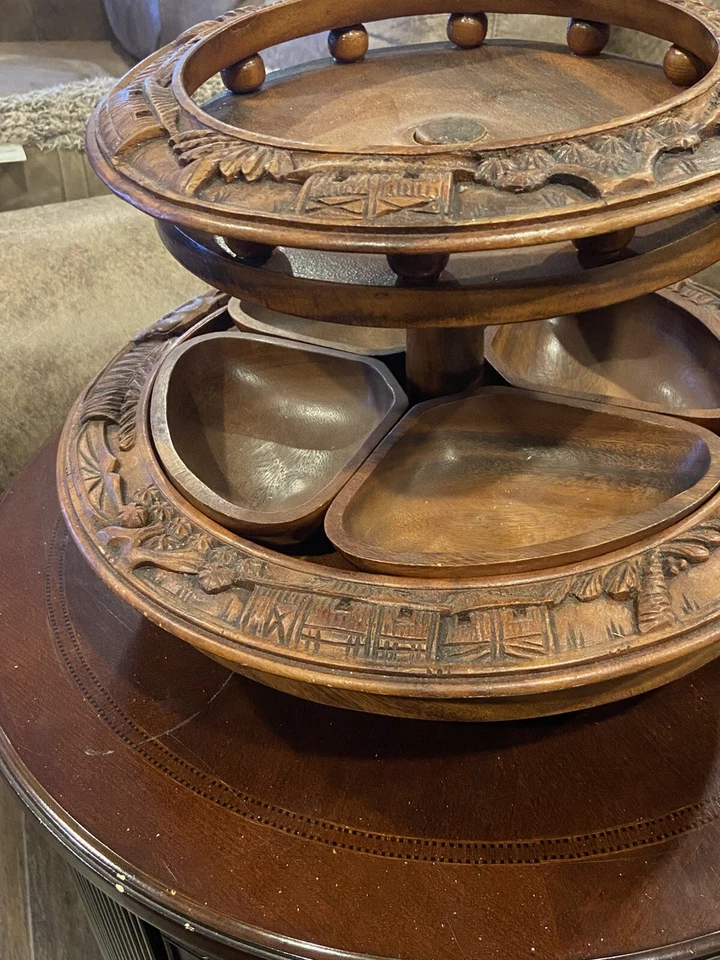 MCM Hand CARVED WOOD LAZY SUSAN MAN & OX Oriental Fruit Candy Snacks Chips Dip - Image 2 of 4