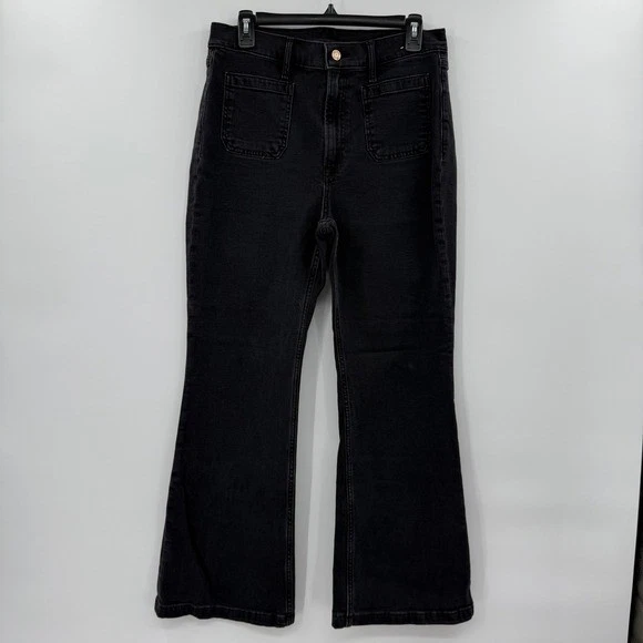 GAP Jeans Size 31 12Short 70's Flare High Rise Black Denim Stretch Patch Pockets - Image 2 of 4