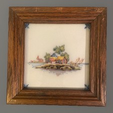 Vintage Wooden Framed  Delft Royal Makkum Tichelaar Tile - Houses On An Island