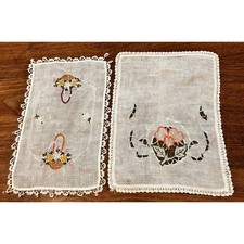 VTG Linen Hankie Set, Embroidered, Lace, Floral, Handmade, Beige, Decorative