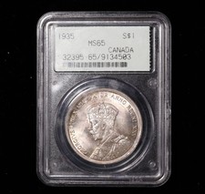 1935 $1 MS65 PCGS OGH Canada Silver Dollar - Scarce Gen 2.1 Holder Dbl Voyageur