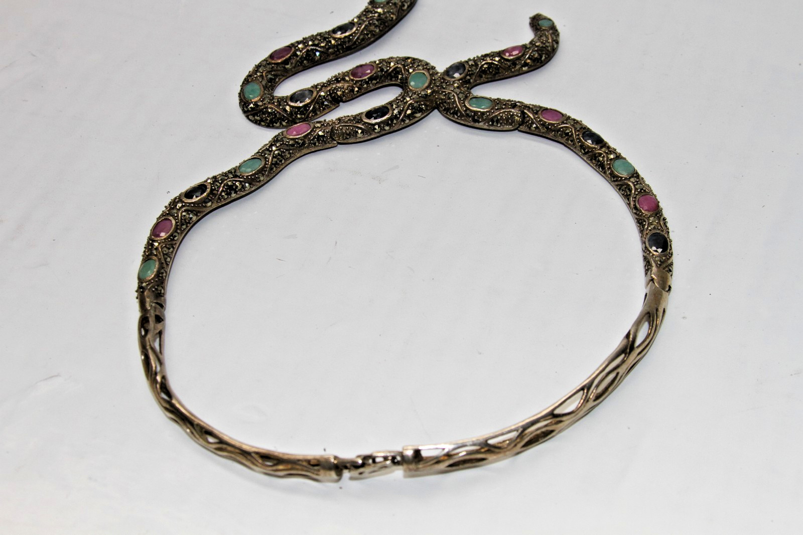 Ruby, Emerald, Sapphire, Marcasite Snake Necklace… - image 7