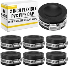 6 Pack 2 Inch Flexible PVC Pipe Cap with Stainless Steel Clamps - Black Durable 