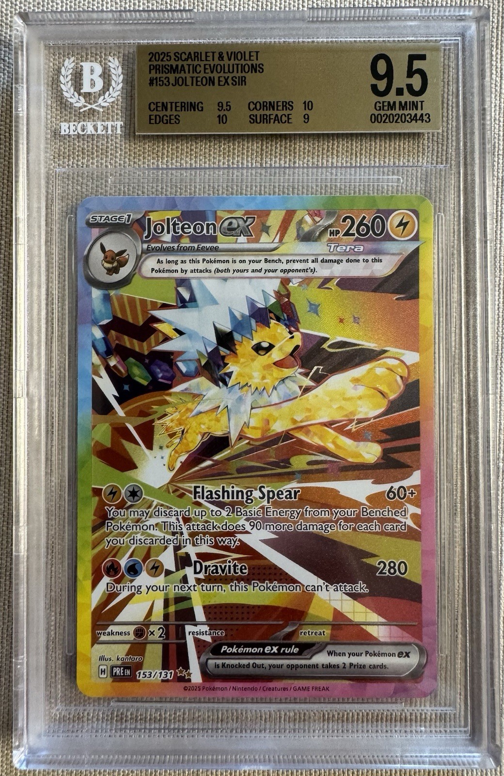 BGS 9.5 GEM MINT Jolteon ex 153/131 Sv: Prismatic Evolutions Holo Pokemon 2025
