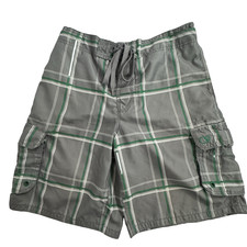 OP Ocean Pacific Board Shorts Men M 32/34 Grey/Green Windowpane Cargo Swim READ