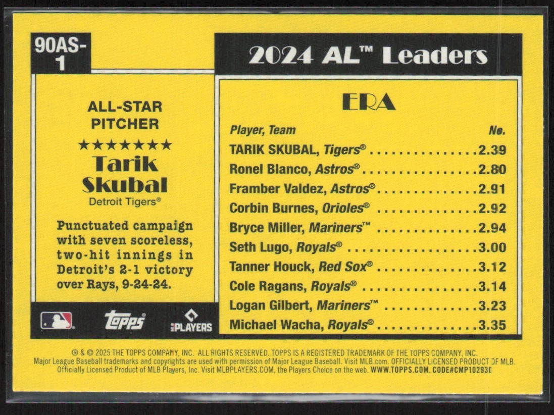 2025 Topps 90 Anniversary All Star Tarik Skubal Detroit Tigers