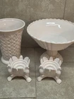 Vintage Pink Milk Glass Candy Dish & Candle Holder Jeanette Pedestal 1950's 4 Pc