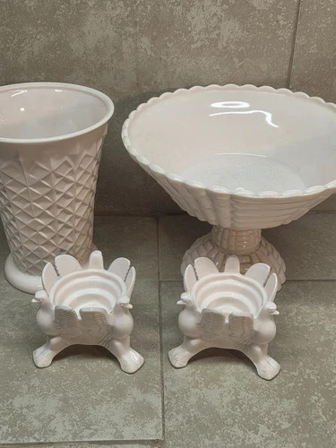 Vintage Pink Milk Glass Candy Dish & Candle Holder Jeanette Pedestal 1950's 4 Pc