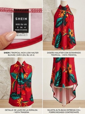SHEIN Tropical Floral High-Low Halter Blouse Red Green Yellow Bow Accent Size S
