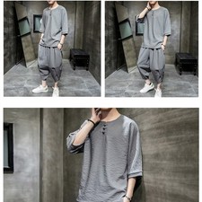 Men s Cotton Linen Outfit Ethnic Style Two Piece Set Thin Summer Suit