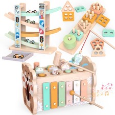 Montessori Toys for 1 Year Old, Wooden Car Ramp & Hammering Pounding Xylophon...