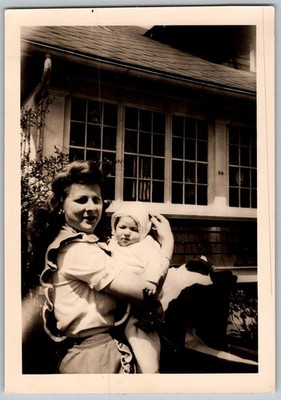 Vtg B&W Snapshot Woman Holding Baby By House Flag Visible 1940s