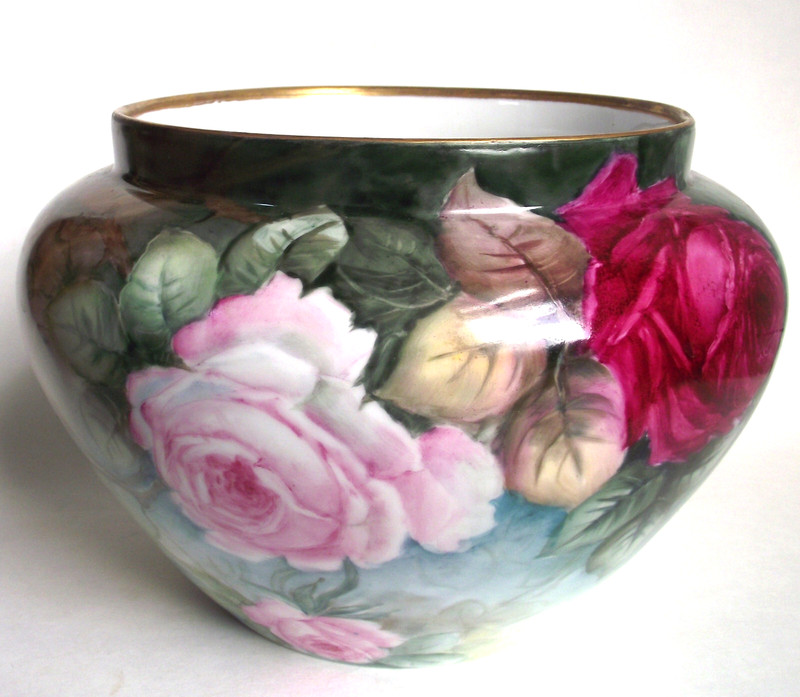 Antique 10" ROSES JARDINIERE Painted FLOWER GILT GOLD PLANTER URN PORCELAIN VASE