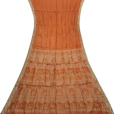 Vintage Orange Sarees 100 Pure Silk Printed Indian Sari 5YD Decor Craft Fabric