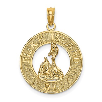 14k Gelbgold BLOCK ISLAND, RI Kreis mit Karte Charm Anhänger für Frauen 1,7g