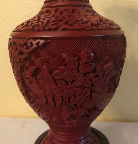 Chinese Florals Hand Carved Red Cinnabar 9” Vase with Blue Enamel on Copper - Picture 4 of 12