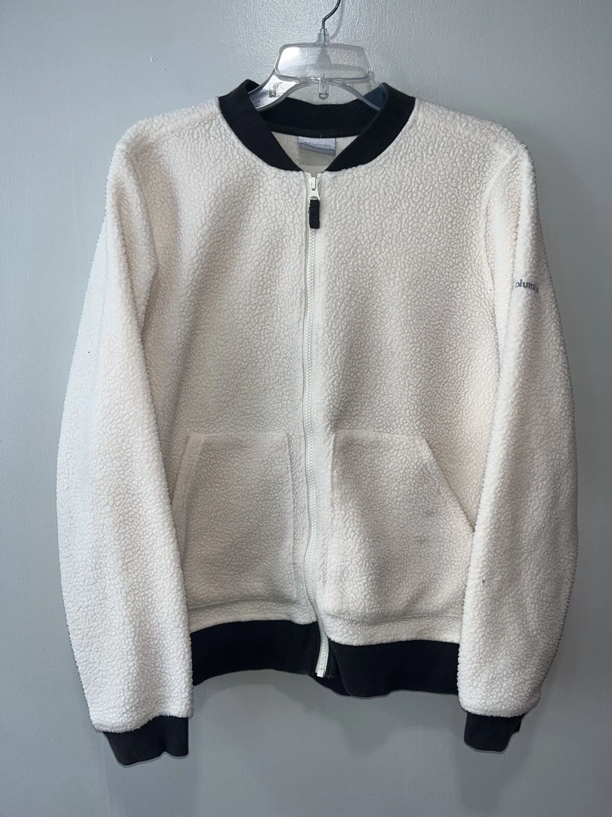 OFF WHITE Columbia Giacca Bomber Donna Sherpa in Pile Bordo Grande Bianco sporco e Nero