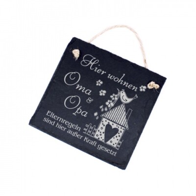 Schild Spruch Hier wohnen Oma & Opa Elternregeln Türschild aus Schiefer 11 x 11 