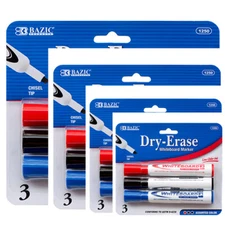 BAZIC Assorted Color Chisel Tip Dry-Erase Markers (3/Pack) 4 Pack, Total 12 Pcs