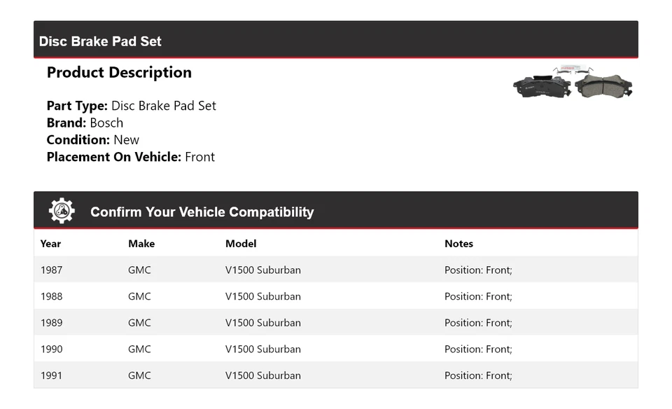 Pastillas de freno delanteras de cerámica QuietCast 1988 para GMC V1500 Suburban Bosch 1987-1991 Foto 2 de 4